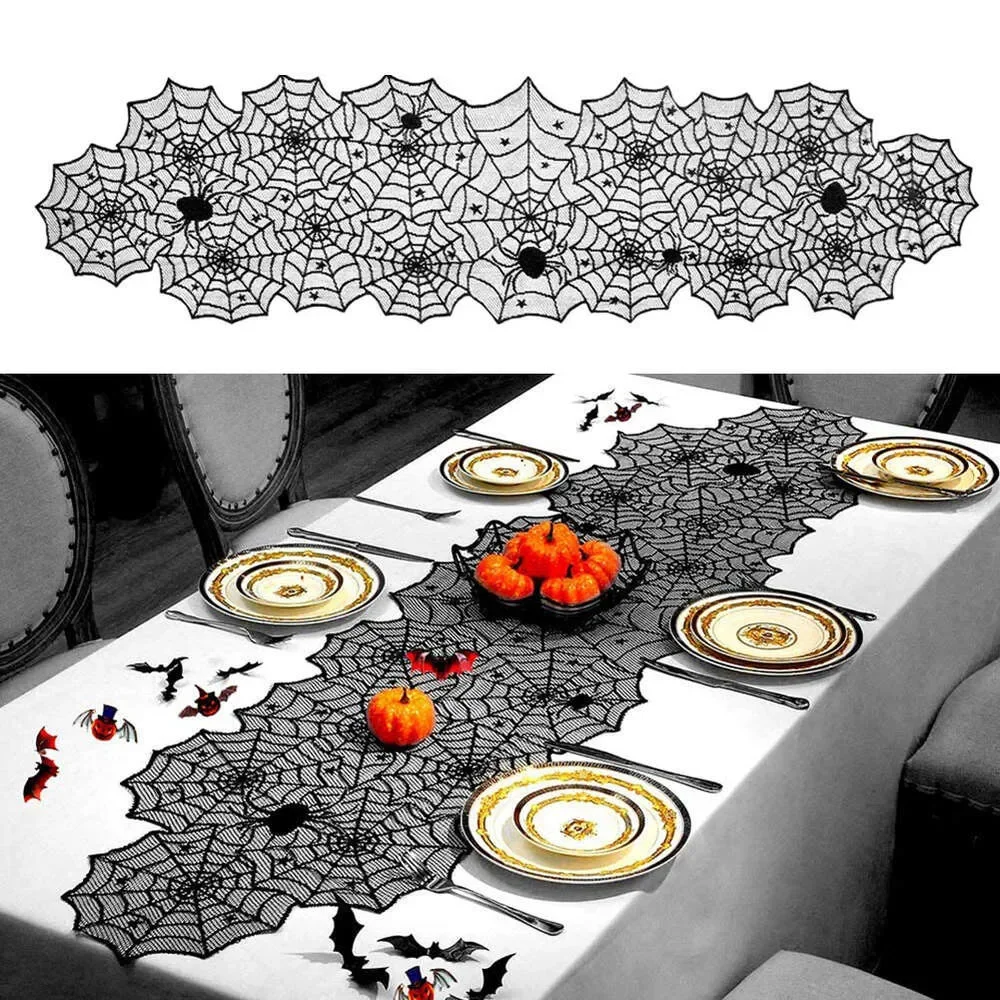 

1Pc Halloween Decoration Black Lace Spider Web Tablecloth Family Dinner Table Cloth For Party Festival 0705