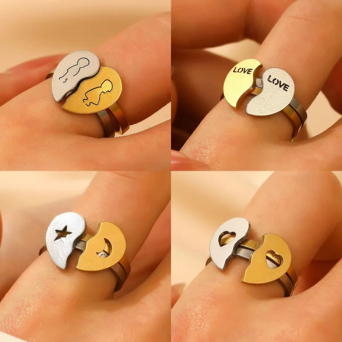 2PCS Set of Fashionable LOVE Stars and Moons Boys and Girls Heart-to-heart Couple Rings, Stainless Steel Friendship Rings