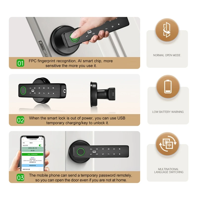 WiFi Remote Control Tuya SmartLife APP Smart Fingerprint Password/RFID IC Card Lock Dead Bolt for Indoor Home Wooden Metal Door