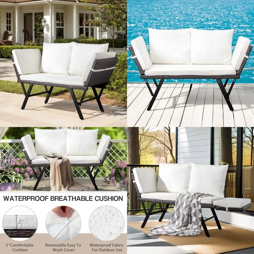 

All-Weather Outdoor Wicker 2-Seat Patio Sofa, Convertible Daybed or Double Chair