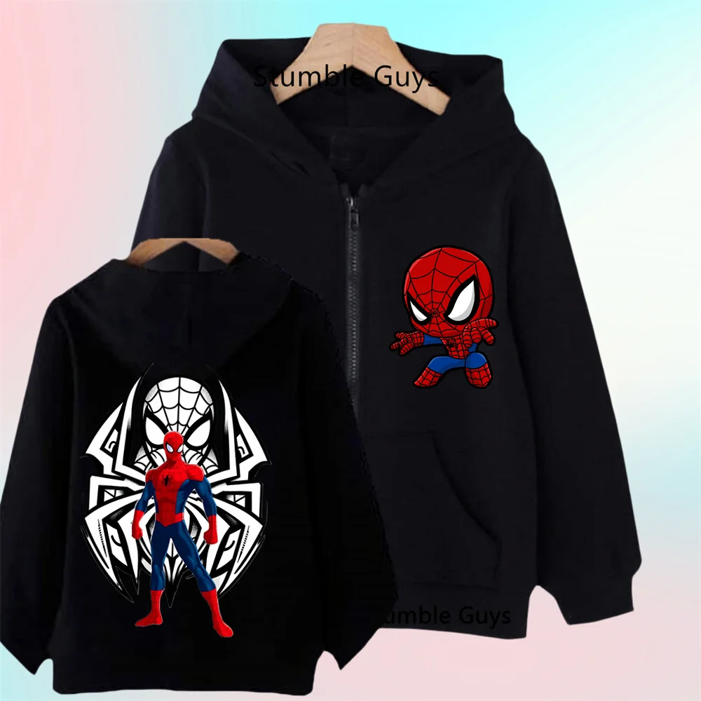 2026 Cute Chibi Spider Graphic Zip Hoodie for Boys, Kids Zipper Hooded Sweatshirt, Comfortable Outdoor & School Wear