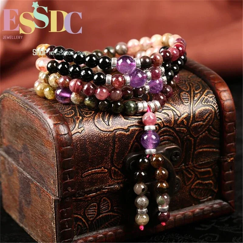 

High Quality 5A Natural Tourmaline with Purple Fashion Women Brazil Crystal 108 Beads Bracelets Lucky Jewelry