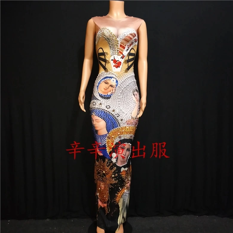 

Sexy Stage Long Dress Sleeveless Virgin Mary Head Portrait Sparkling Crystals Printed Nightclub Party Dress