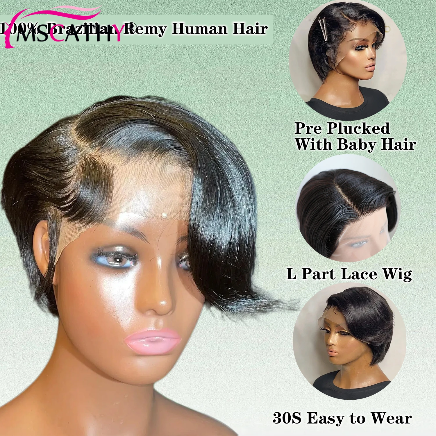 Short Bob Straight Pixie Cut L Part Lace Front Wig Human Hair Easy To Go Pre Plucked With Baby Hair Natural Color Human Hair Wig