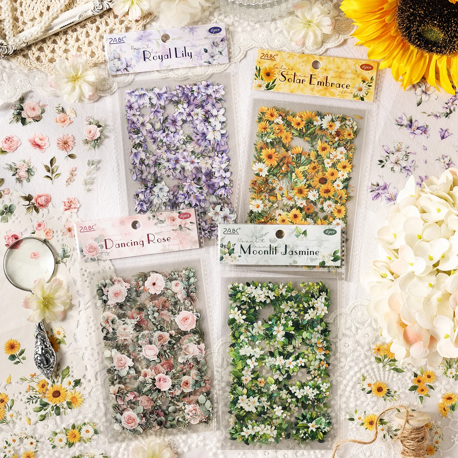 6pcs/pack New Transparent Pet Stickers Scrapbooking Materials Diy Junk Journal Collage Floral Leaves Plants Decor Stickers Gifts