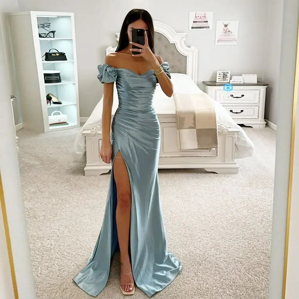 Vestidos de fiesta de sirena azul neblina para mujer, vestidos de noche elegantes de manga corta con hombros descubiertos, vestido de fiesta Formal con abertura en el muslo plisado 2024