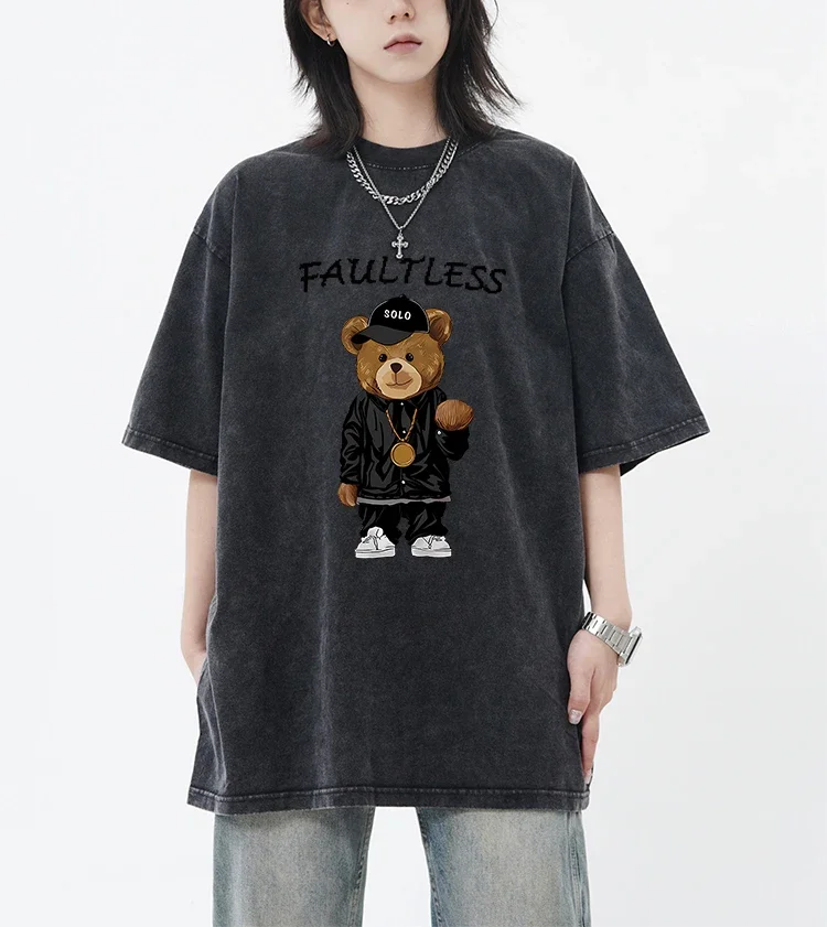 Faultless Fashion Cartoon Solo Bear Pattern Snow Wash Women T Shirt Unisex Casual Tops Cotton Trendy  Washed Tee Hip Hop Clothes