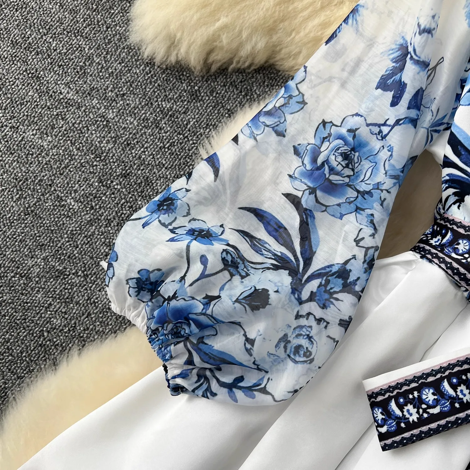 French Gorgeous Flower Holiday Long Dress Women\'s V-Neck Long Lantern Sleeve Lace Up Vintage Maxi Robes Party Vestidos Clothes
