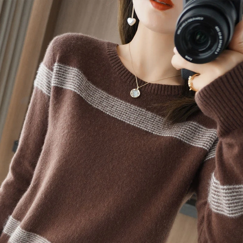 Autumn Winter Elegant Fashion Patchwork Warm Sweater Lady Long Sleeve All-match Jumper Knitting Top Women Loose Casual Pullover