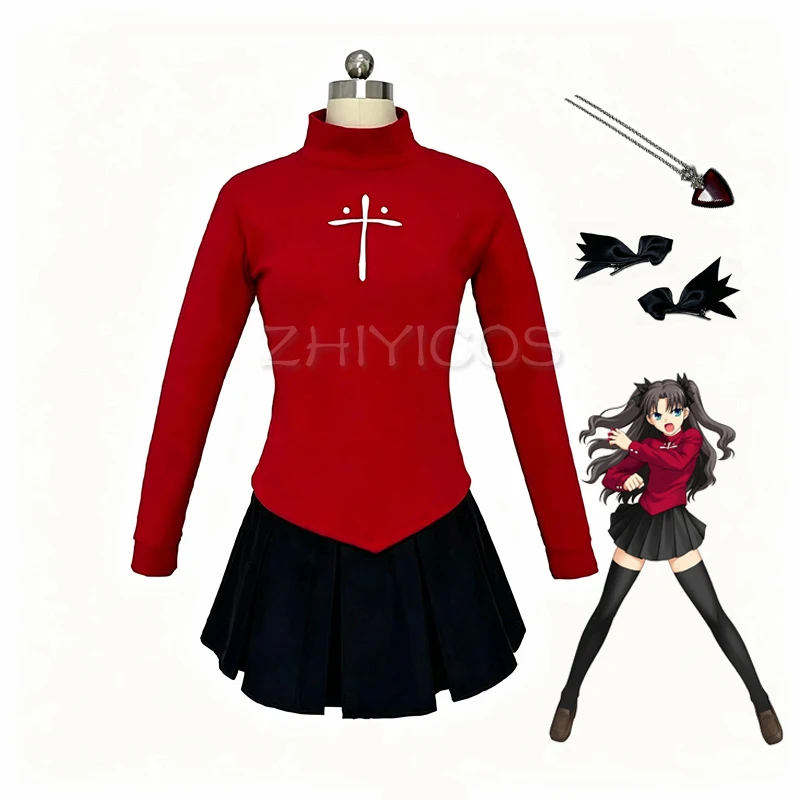 Новый костюм для косплея Тосаки Рин из Fate Stay Night: вышитый красный костюм, черная юбка, ожерелье, татуировка. Костюмы на Хэллоуин для женщин.