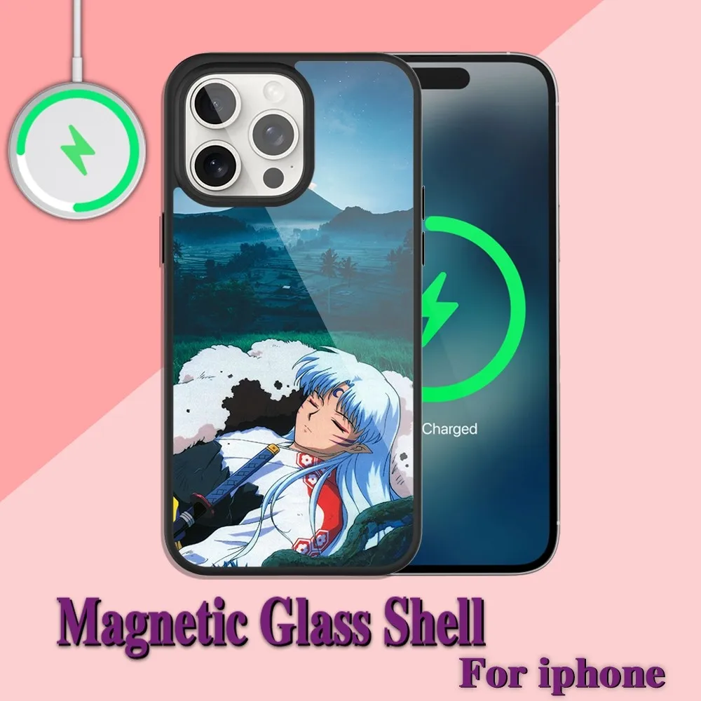 Custodia per telefono Anime InuYasha Sesshomaru per ricarica iPhone 13 14 15 11 12 Pro Max Plus guscio magnetico Magsafe in vetro