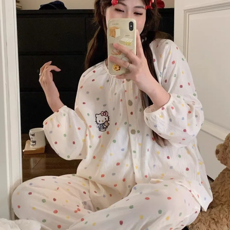 

Женская ночная рубашка Sanrio Hello Kitty, пижама с длинными рукавами и брюками, весенняя домашняя одежда в стиле кавайи с мультяшными принцессами