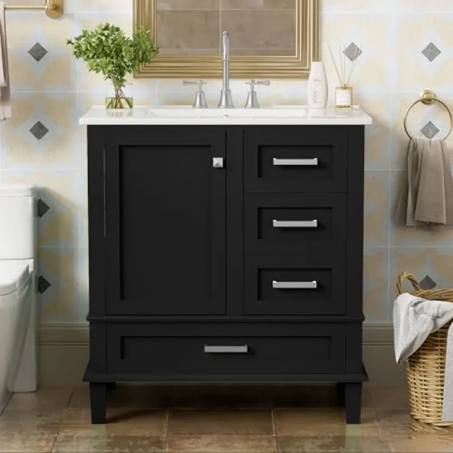 

30" Bathroom Vanity with Smooth Ceramic Sink Combo, Free Standing Single Basin Vanity Set with 3 Drawers, Solid Wood Bathroom C