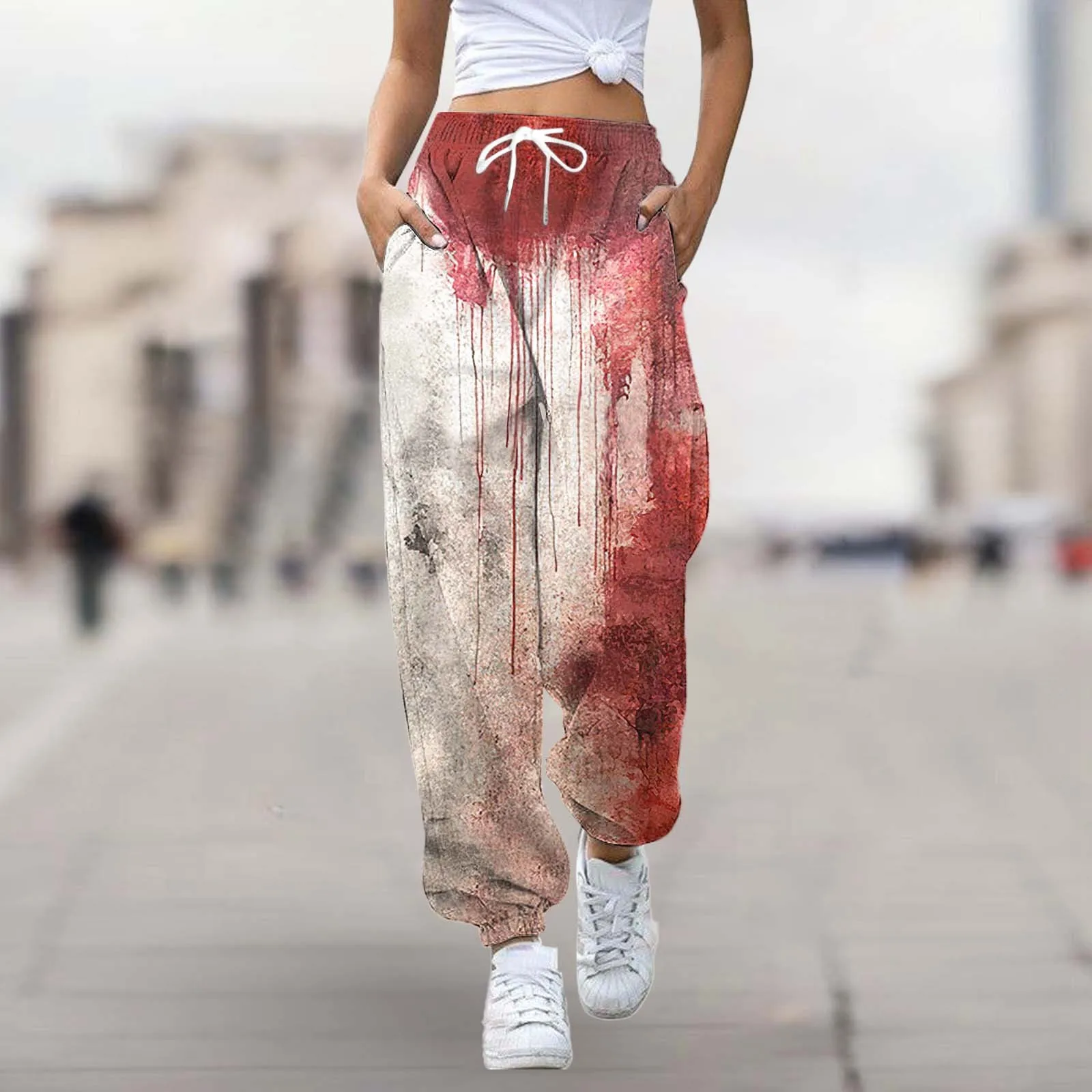 Halloween Blood Print Women Pants High Waist Drawstring Baggy Straight Ankle-Banded Harlan Trousers Gothic Versatile Sweatpants