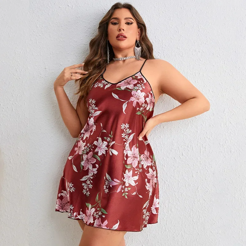 Plus Size Silk Satin Women Nightgown Floral Print Sleeveless Pajama Dress V Neck Cross Back Sleepwear Nightwear Homwear Cloth