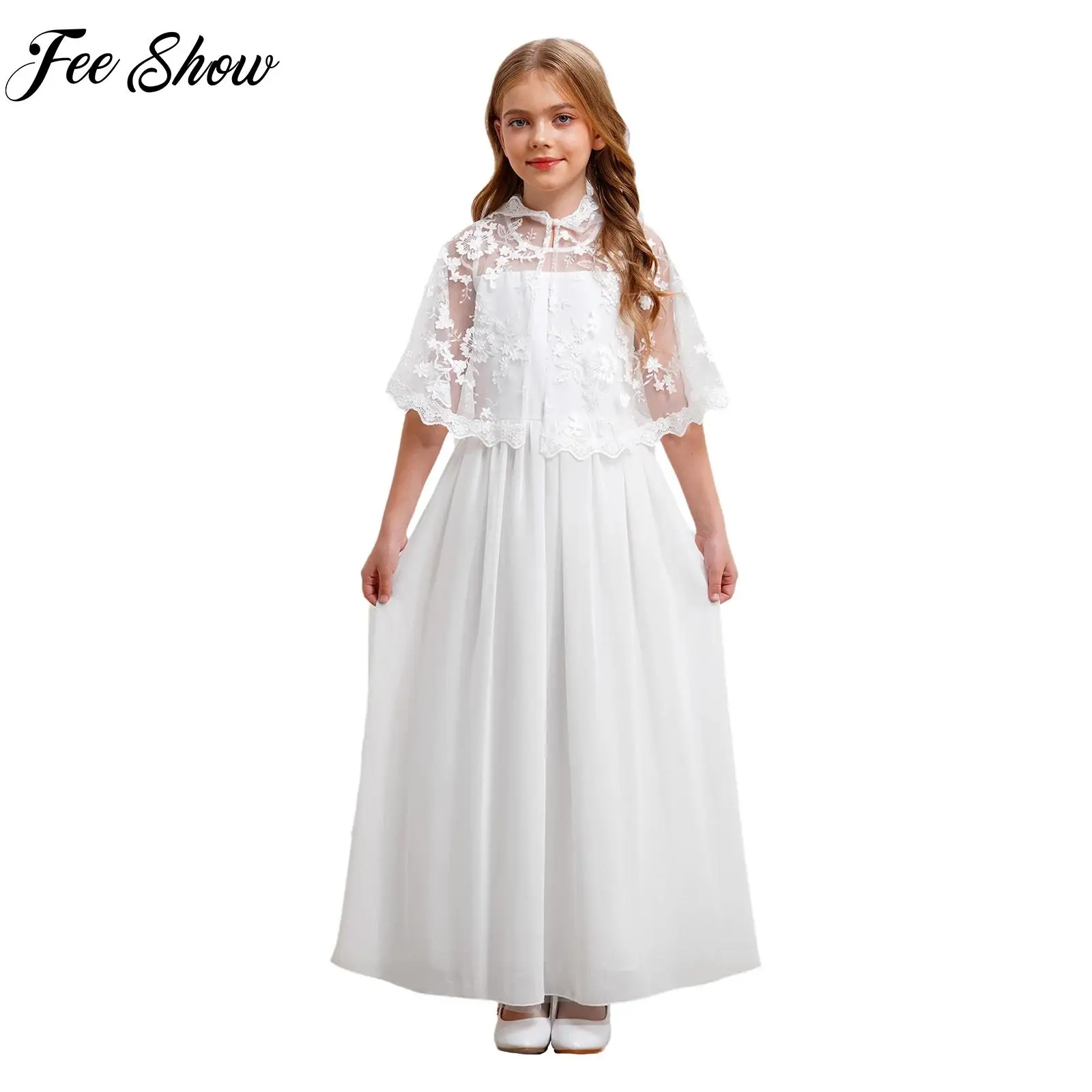 Kids Wedding Party Dress Elegant Tulle White Dress with Floral Lace Hooded Cape Flower Girl Clothes for Girls Birthday Gown