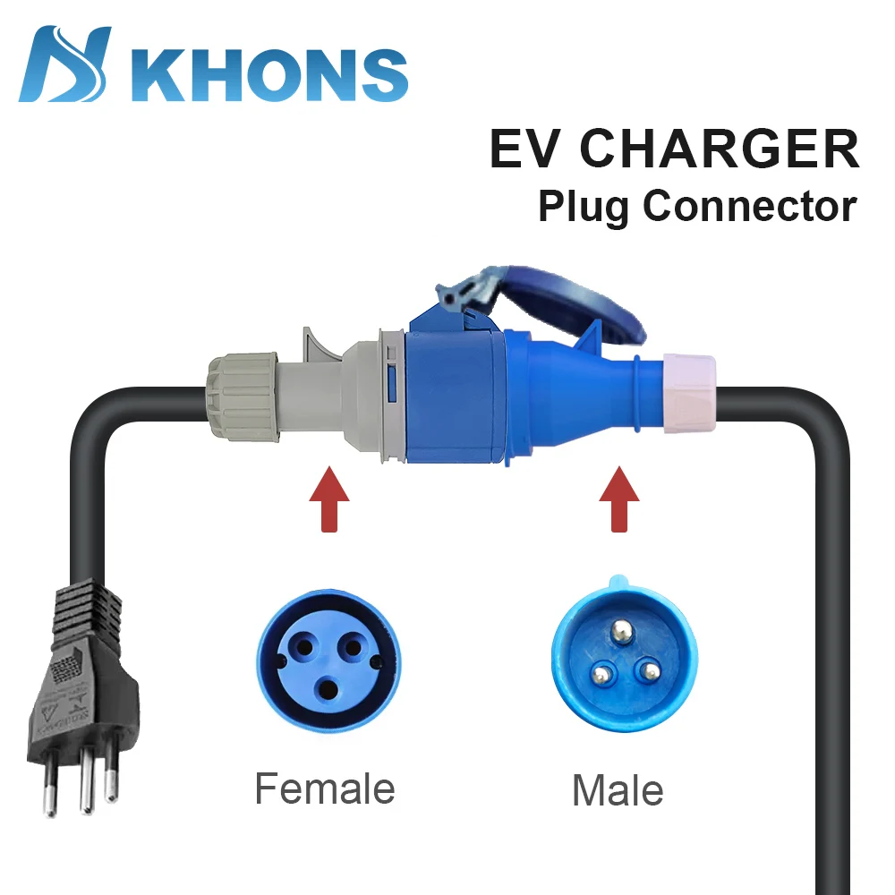 KHONS Electric Vehicle Charger Blue CEE 32A To Brazilian Plug 10A 20A Adapter 32A 1Phase Female TO 10A Plug Connector