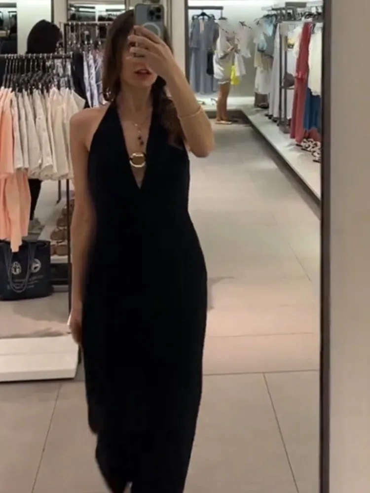 HH 2025 verano mujer moda espalda descubierta dobladillo dividido espalda vestido con cremallera mujeres sin mangas diseño abierto cuello Halter vestido Midi