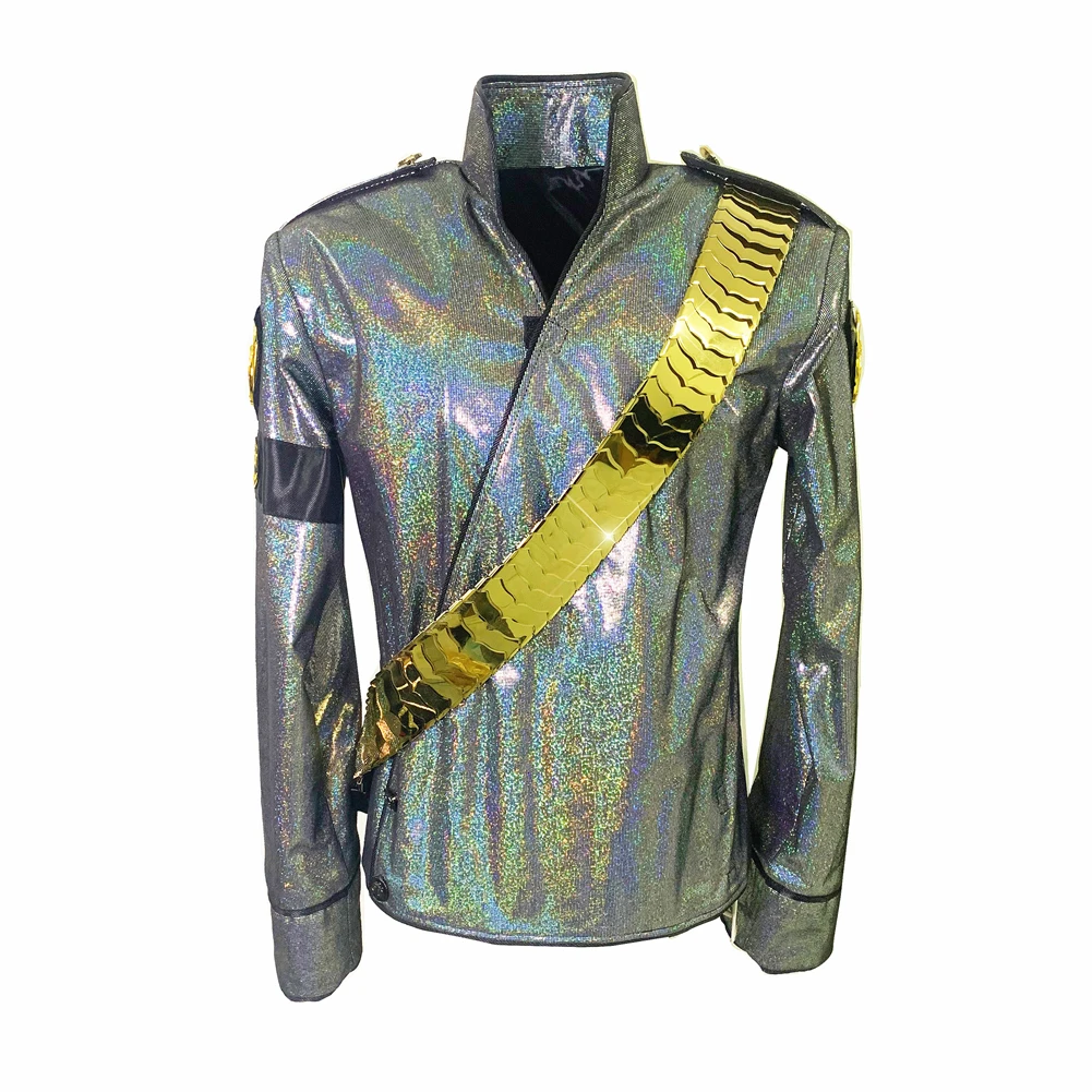 Michael Jackson Jam Costumes BAD Laser Spandex Jacket with Golden Metal Belt