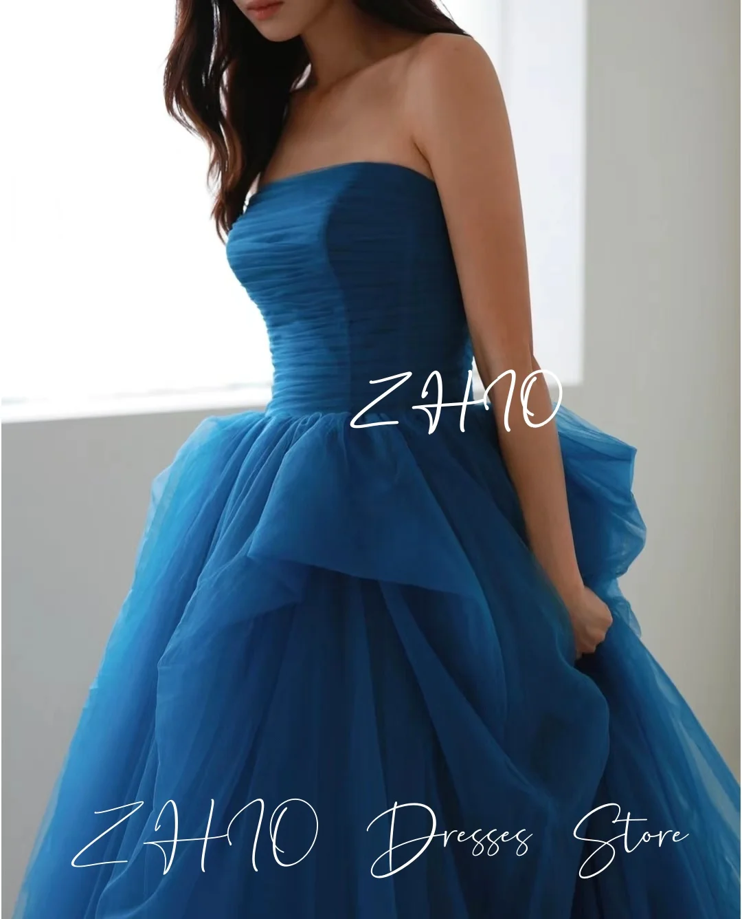 Zhi princesa azul vestido de casamento xale destacável sem alças multi-camadas tule trem coreia sessão de fotos vestido de noiva personalizado
