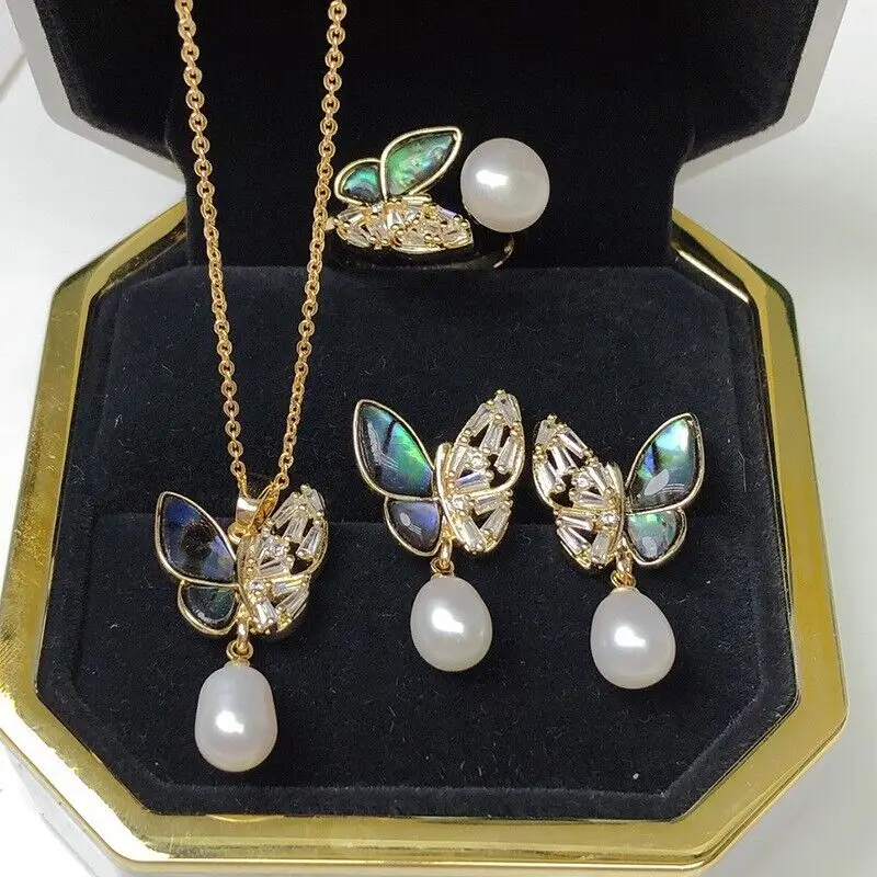 18KGP Natural 7-8mm Freshwater Pearl Butterfly Necklace Ring Earring Set AAA