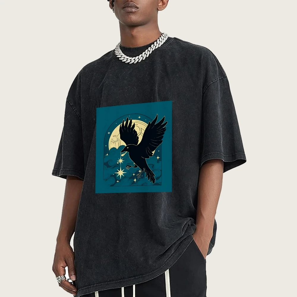 

Винтажная летняя стираная хлопковая футболка с принтом ворона, свободный стиль, повседневная одежда с круглым вырезом и короткими рукавами, модный топ для отдыха