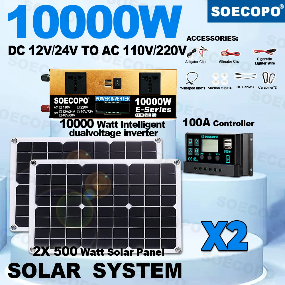 Komplettes Solarset für Zuhause, 6000 W, USB, 5 V/1,5 A, 100 A, Controller, Camping, 2 x Solarmodule, SOECOPO RV DC 12 V – AC 110 V/220 V Wechselrichter