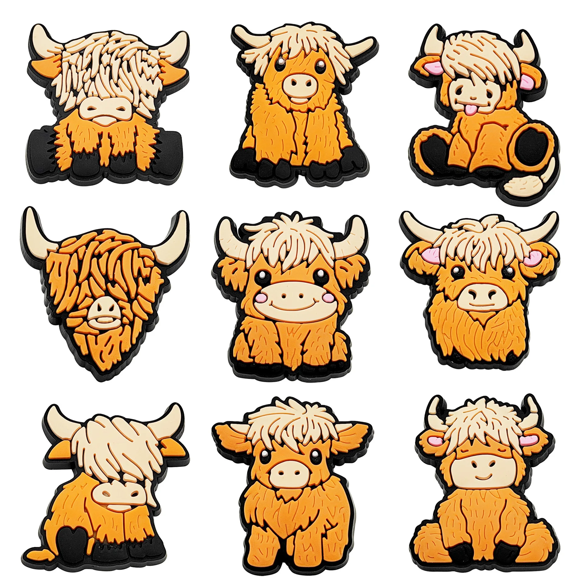 9-17PCS cowboy Highland Cattle Shoe Charm Mix Wholesale for clog bracelet bag PVC Decor Buckle Detachable DIY Waterproof To Gift