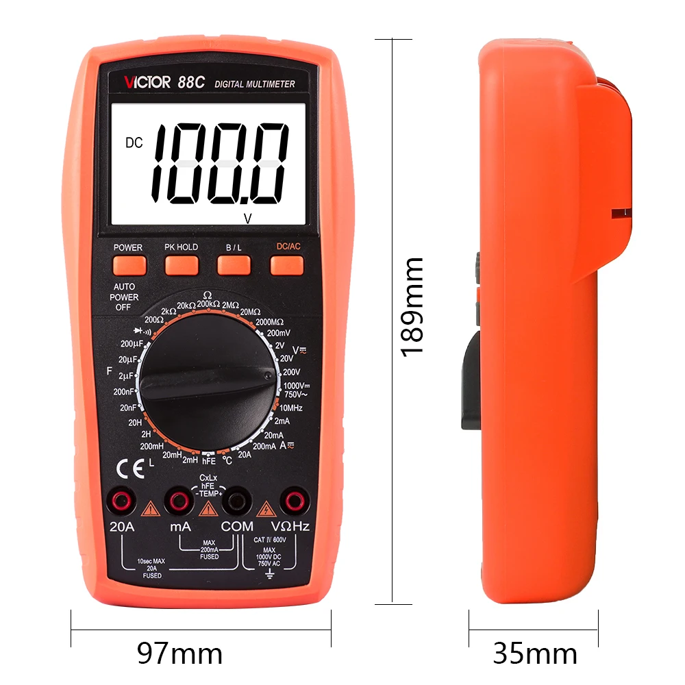 Victor 88C Multimetro digitale Induttanza resistenza 2000MΩ Nuovo display LCD grande 20H Vero RMS 1000V/20A AC DC con temperatura