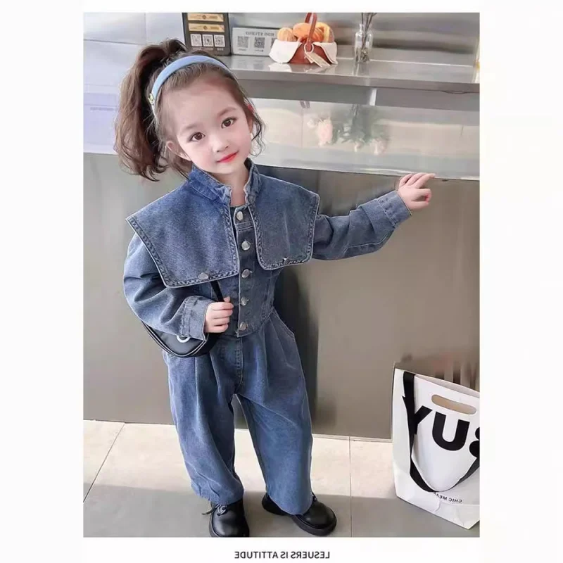 Girls\' Fashionable Lapel Denim Suit Autumn New Fashionable Jacket Trousers Two-Piece Set Children One Piece Dropshipping