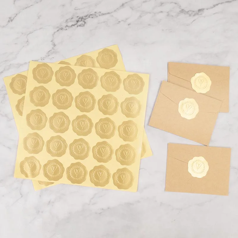 100 Stück goldgeprägte Herz-Aufkleber, Umschlag, Siegelwachs, aussehende Etiketten, Hochzeit, Party, Einladungskarte, Weihnachtsgeschenk, Dekoration