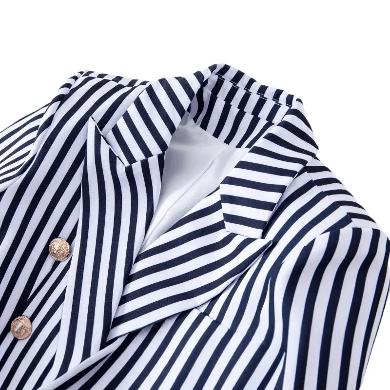 Women Vertical Striped Blazer Notched Lapel Double Breasted Gold Metal Buttons Cropped Slim Fit Vintage Office Casual Suit Jacke