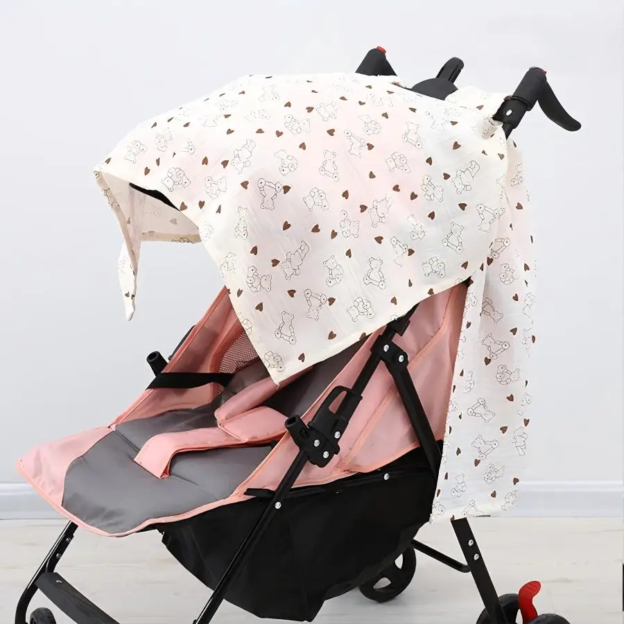 Parasol para cochecito de bebé, 1 pieza, hecho de tela arrugada de algodón puro, fácil de transportar, agradable para la piel y transpirable, con estampado de dibujos animados, adecuado para cochecitos de bebé