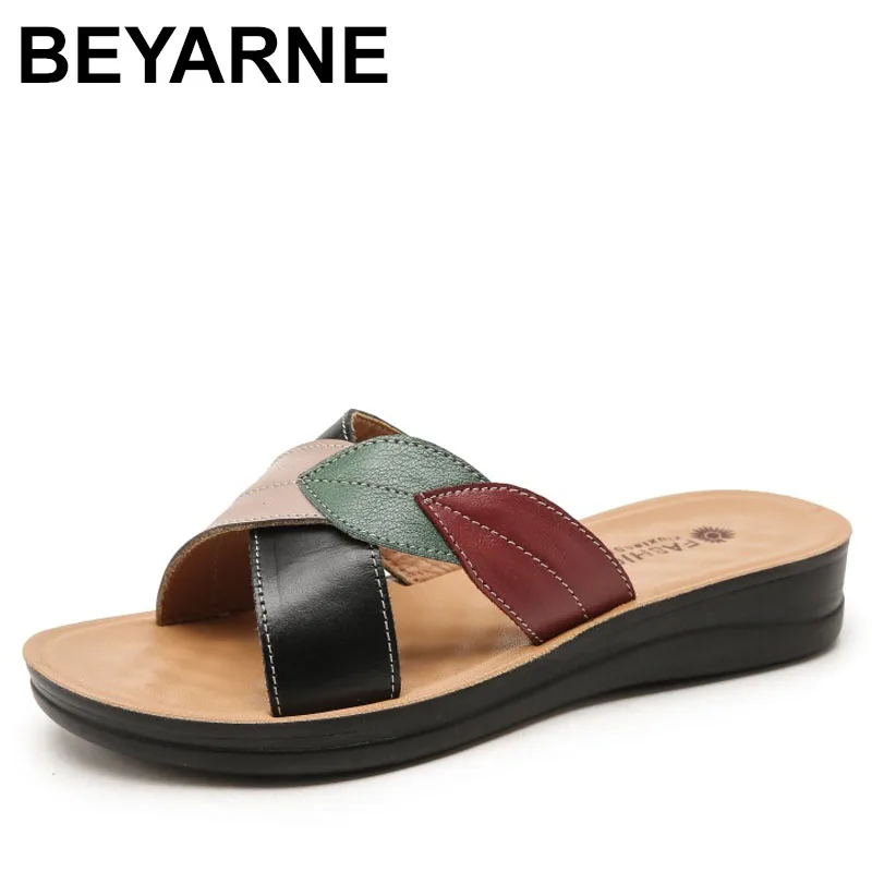 Outside Wear Slipper Summer Women\'s Flat Sandals Women\'s Leather Slipper Fashion Splicing Color Slipper Comfortable Leather