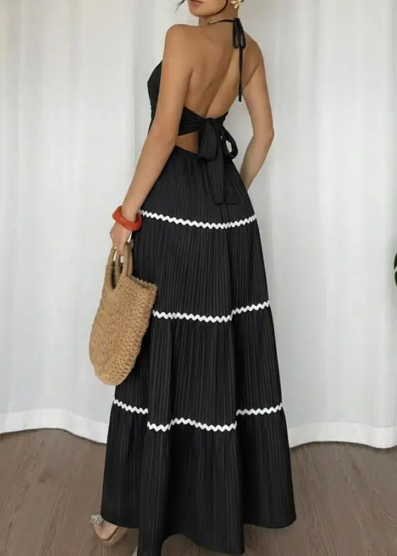 

Women Dresses 2026 Spring Summer New Contrasting Color Halter V-Neck Backless Sleeveless Slim Fit Daily Vacation Long Dress