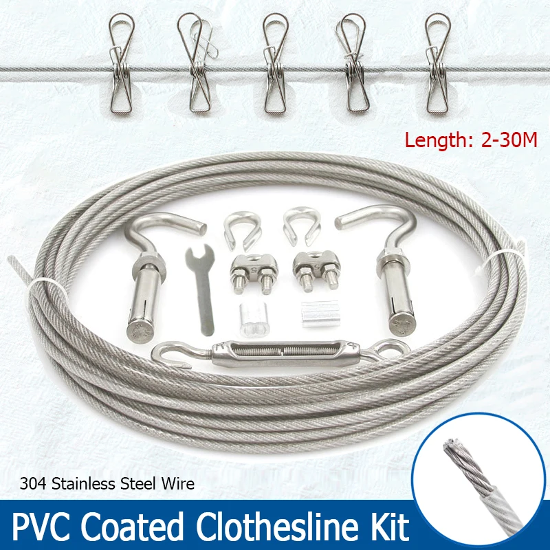 

10pcs Clothesline Kit Length 2-18M Diameter 4mm 5mm PVC Coated Steel Wire 304 Stainless Steel Stranded Wire Rope Soft Cable Rope