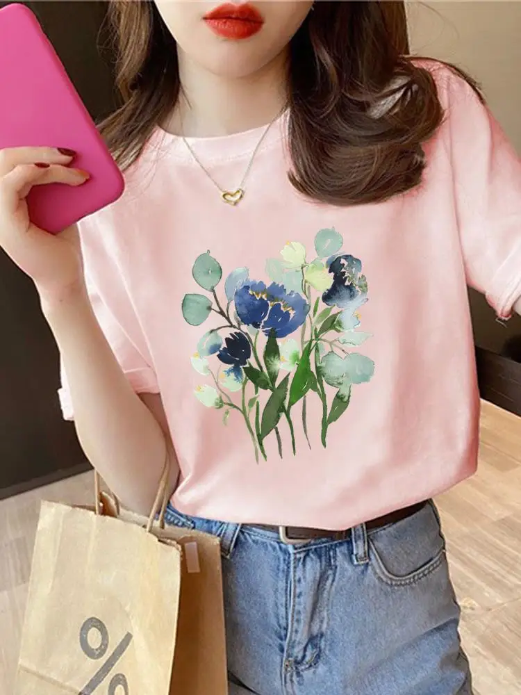 Camiseta con estampado de cuello redondo para mujer, camiseta de manga corta con estampado de flores a la moda, ropa de tendencia de los años 90, camiseta estampada