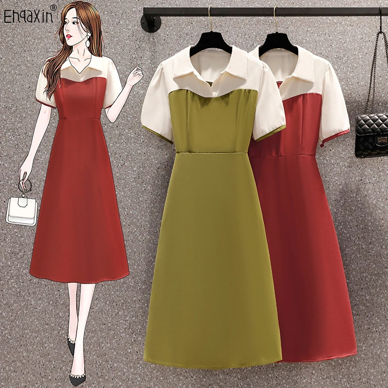 

EHQAXIN 2022 Summer Ladies Dress Fashion Korean Style Loose Polo Collar Stitching Contrast Color A-Line Dresses Female L-4XL