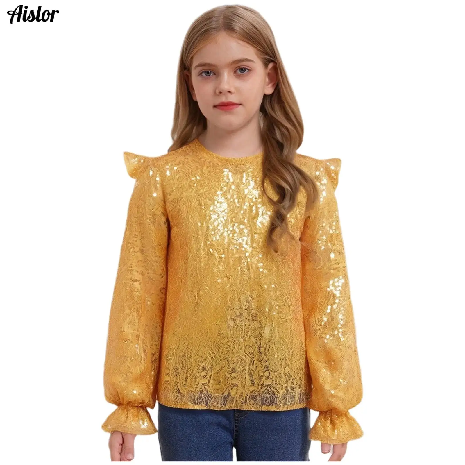 

Kids Girls Shirt Sparkling Sequins Pullover Top Ruffled Long Sleeves Glittery Blouse for Birthday Party Dance Stage Performance