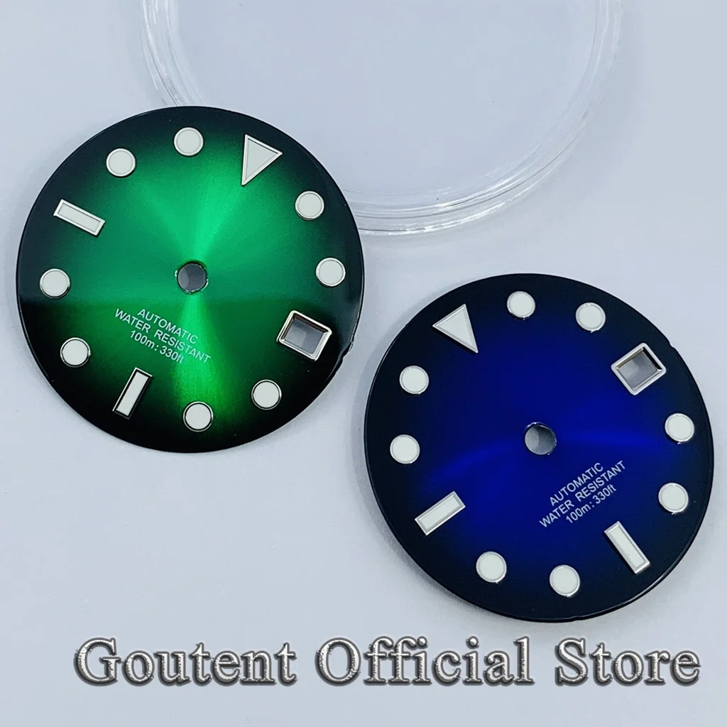 Goutent 29mm Green Luminous Blue Yellow Sterile Watch Dial Fit NH34 NH35 NH36 Movement Fit 3 O\'Clock Crown 3.8 O\'Clock Crown