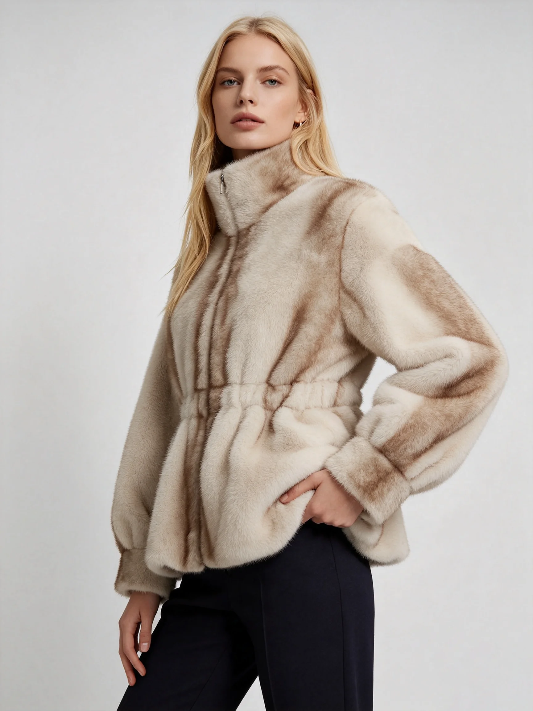 LIMO Drawstring Waist Women Faux Mink Fur Coat Stand Collar Zipper Fluffy Long Sleeve Jacket