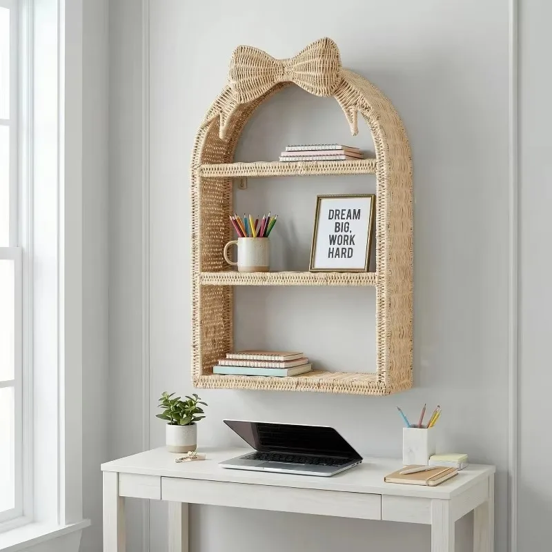 3-Tier Woven Rattan Wall Mount Rack, Bowknot Design Floating Shelf, Bohemian Home Wall Storage Organizer