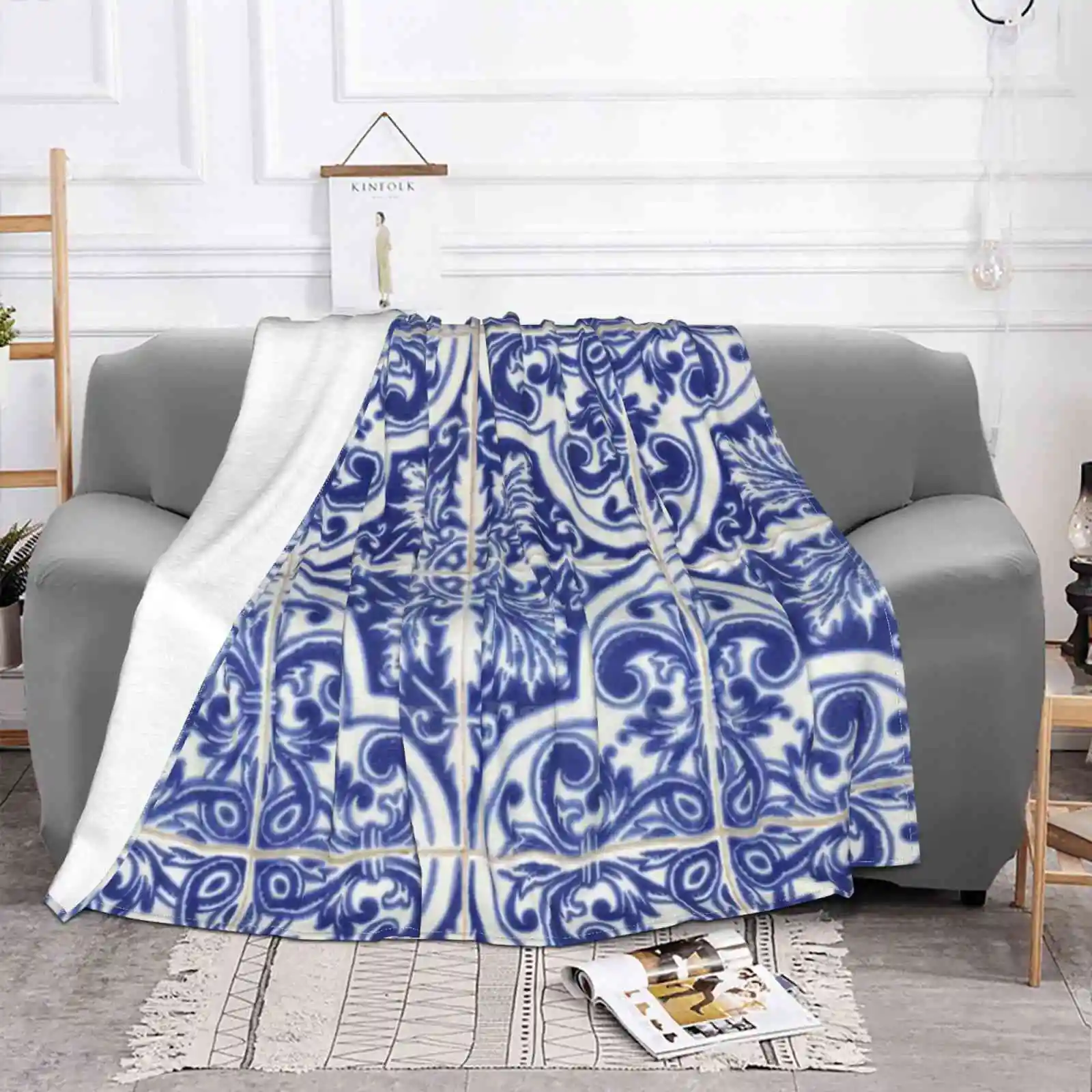 Navy Blue Portuguese Tiles Azulejos Low Price New Print Novelty Fashion Soft Warm Blanket Blue Tiles Samby Portugal Portuguese