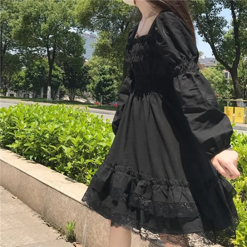 Gothic Black Lace Ruffle Dress Woman Girls Princess Party Ruched Fairy Grunge Robe Korean Midi Elegant Dresses Vestidos Y2k