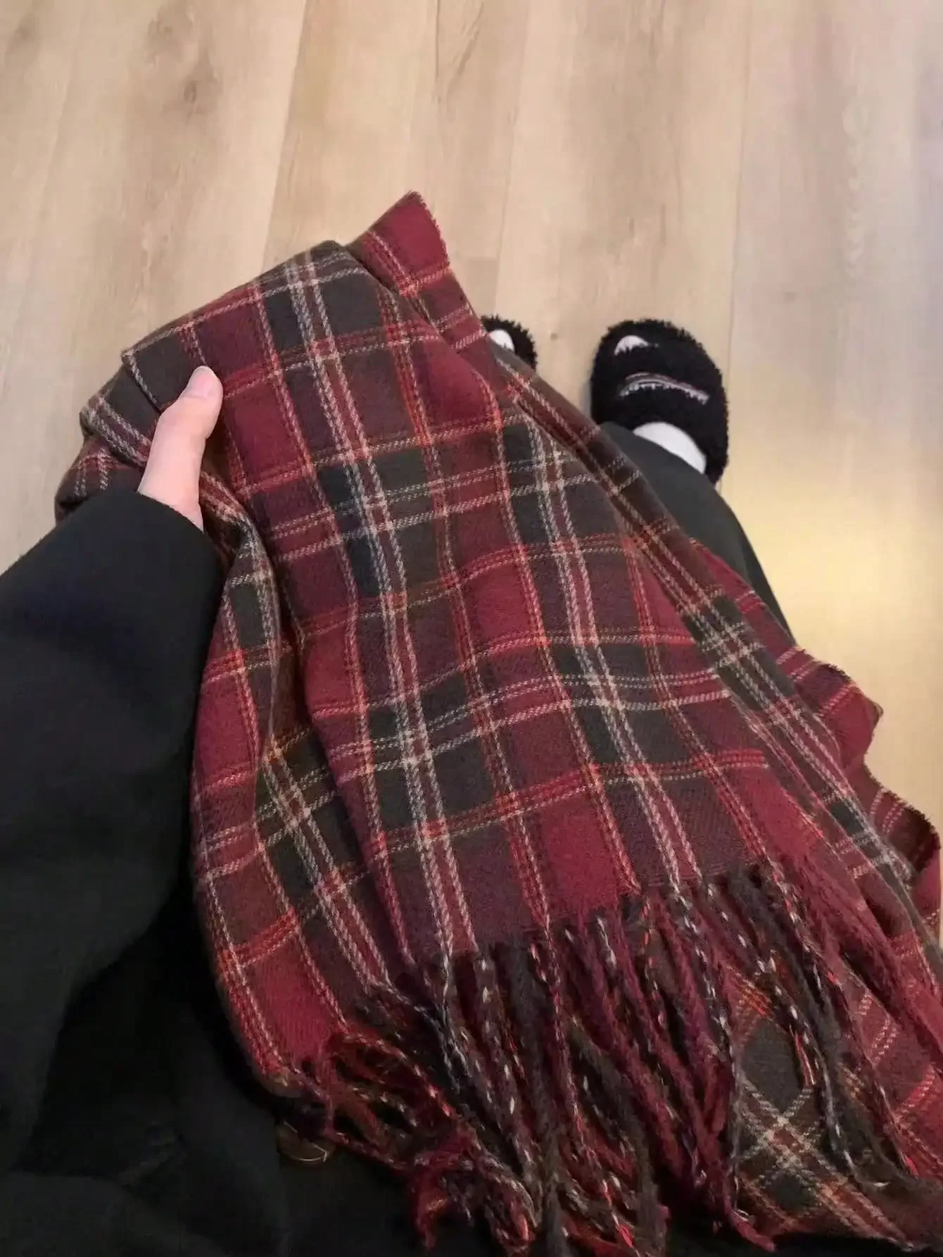 1 Piece Multicolor Plaid Nordic Style Tassel Rectangular Polyester Women's Scarf Couple Neckband Suitable For Daily Use