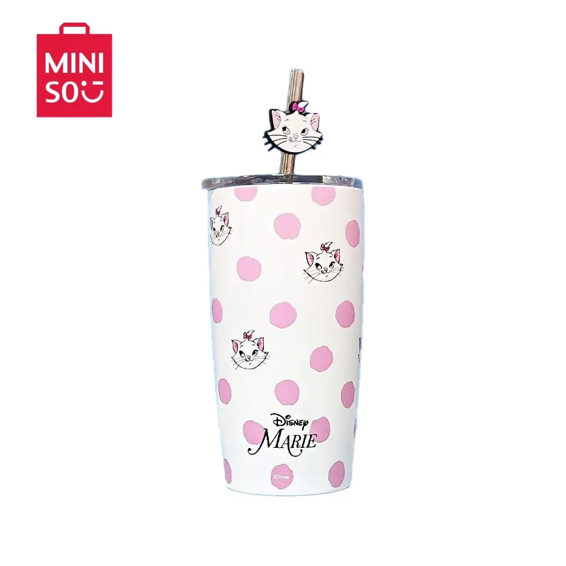 Miniso 530Ml Disneys Mary Cat Straw Insulation Water Cup Girl Cartoon Characters Kawaii Anti-Scaldh Hig Capacity Anti-Fall