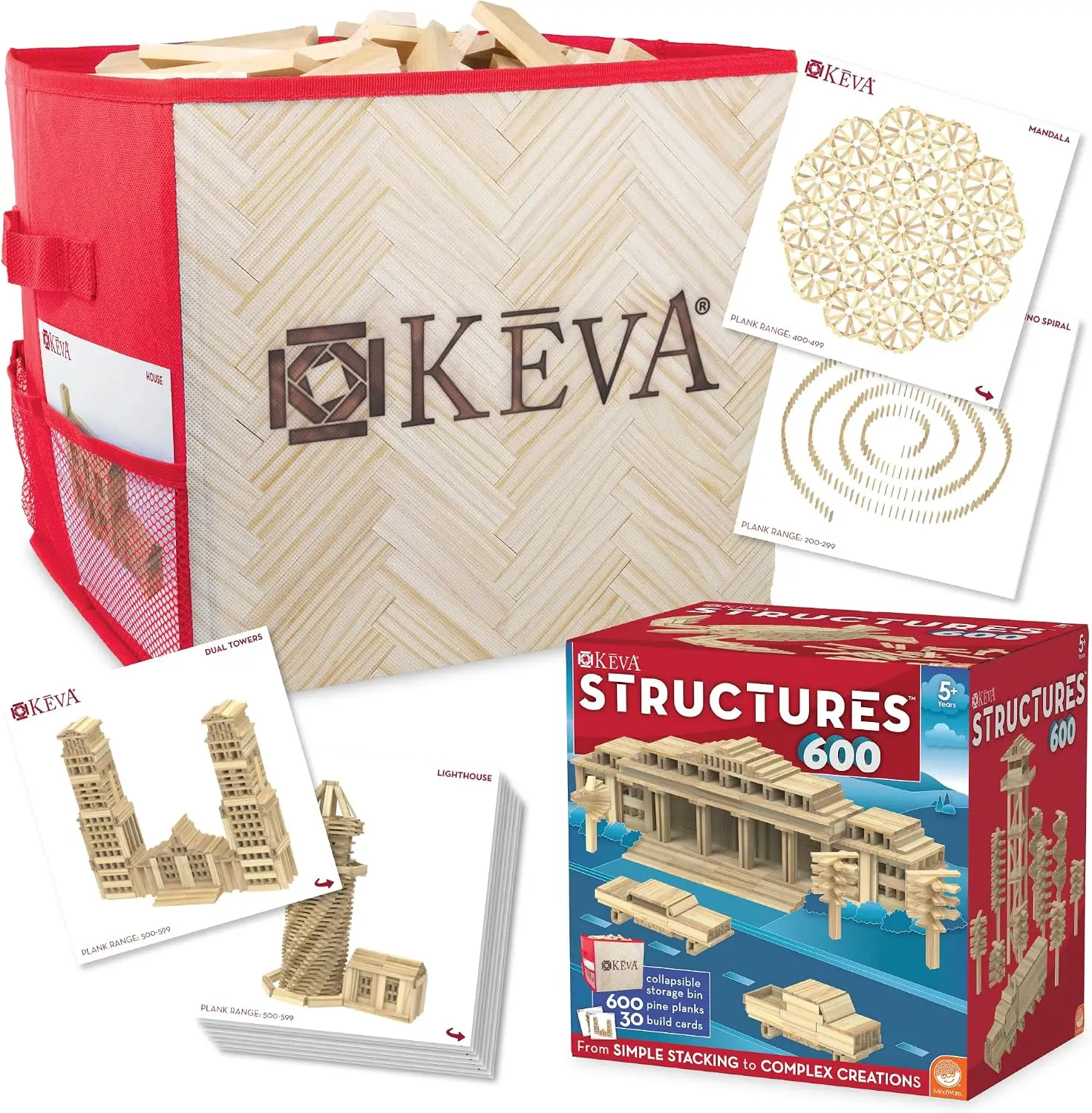 KEVA Structures 600 Plank Wooden Building Blocks Set, Includes 600 Pine Planks, 30 Idea Cards and Collapsible Storage