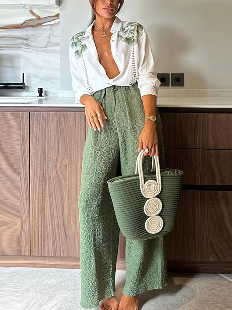 Casual Print Pants Sets Women Loose Lapel Single Breasted Long Sleeve Shirts Solid Wide Leg Pant 2024 Summer Lady Elegant Outfit