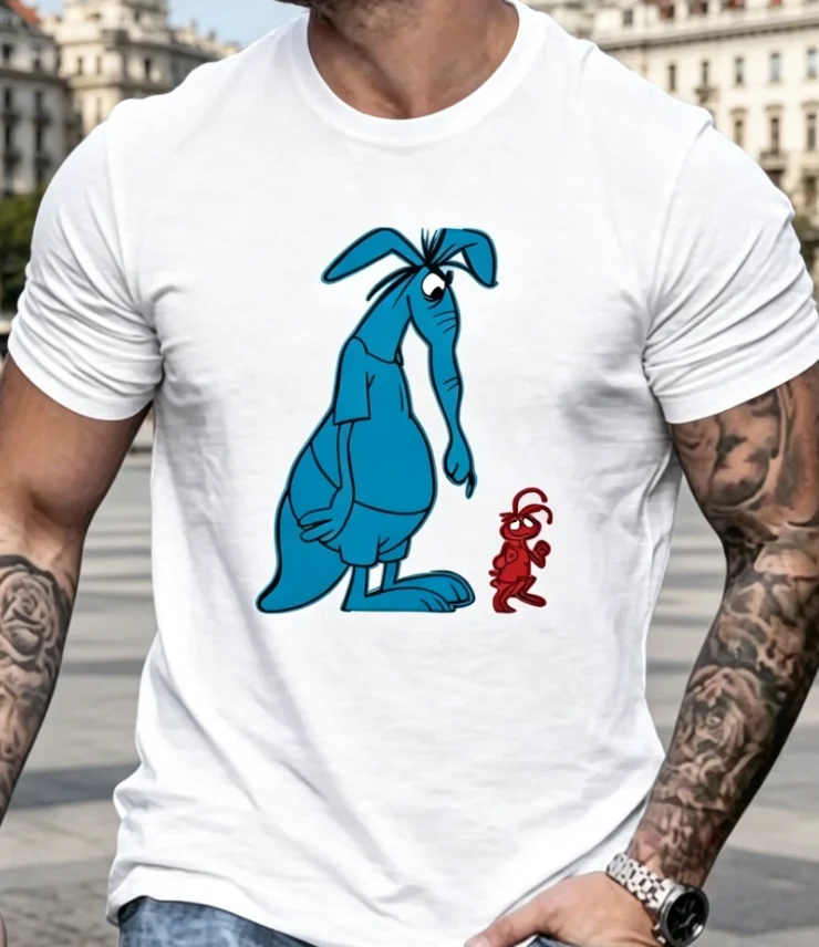 Men'S Short-Sleeve T-Shirt with A Blue Long-Nosed Creature and Red Ant Pattern for Summer Casual Wear T-Shirts