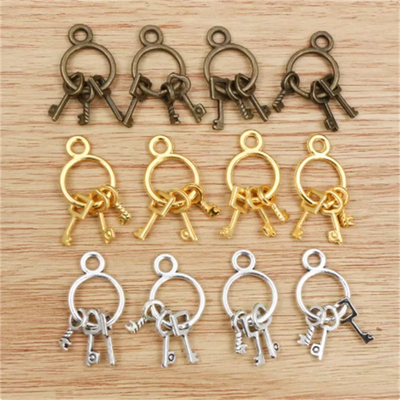 10pcs Colorful Three Small Key Charms Zinc Alloy Metal Pendants For DIY Handmade Jewelry Accessories Making 24*12mm